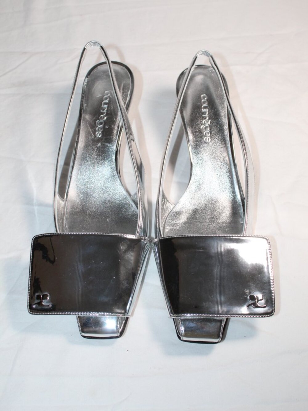NEW Courrèges Mirrored Silver Leather Slingback Sandals Pumps AC Logo 40